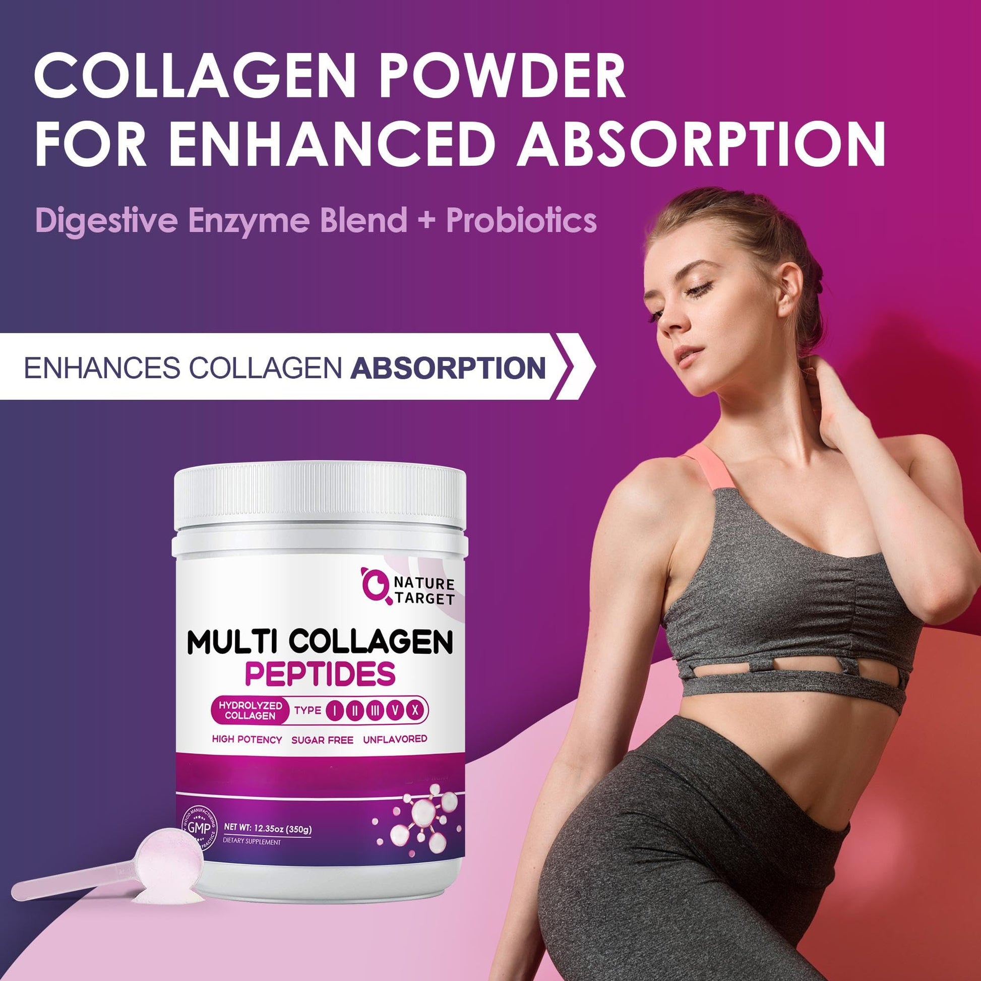 NATURE TARGET Multi Collagen Peptides Powder - Type I, II, III, V, X - Hydrolyzed Collagen Peptides with Vitamin C Hyaluronic Acid, Supports Skin Hair Nail & Joint - Maple Wellness Supplements