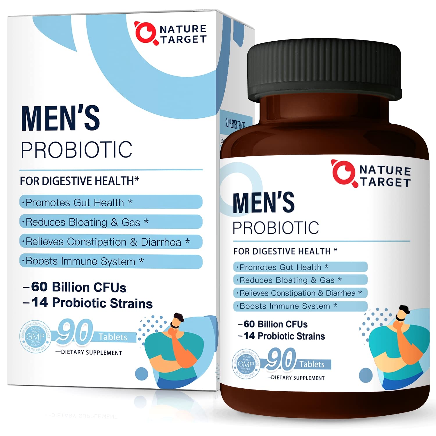 NATURE TARGET Probiotics for Men with Men Care Supplement, Prebiotics & Probiotic for Men's Digestive and Immune Health,60 Billion CFUs & 14 Strains Shelf Stable, - Maple Wellness Supplements