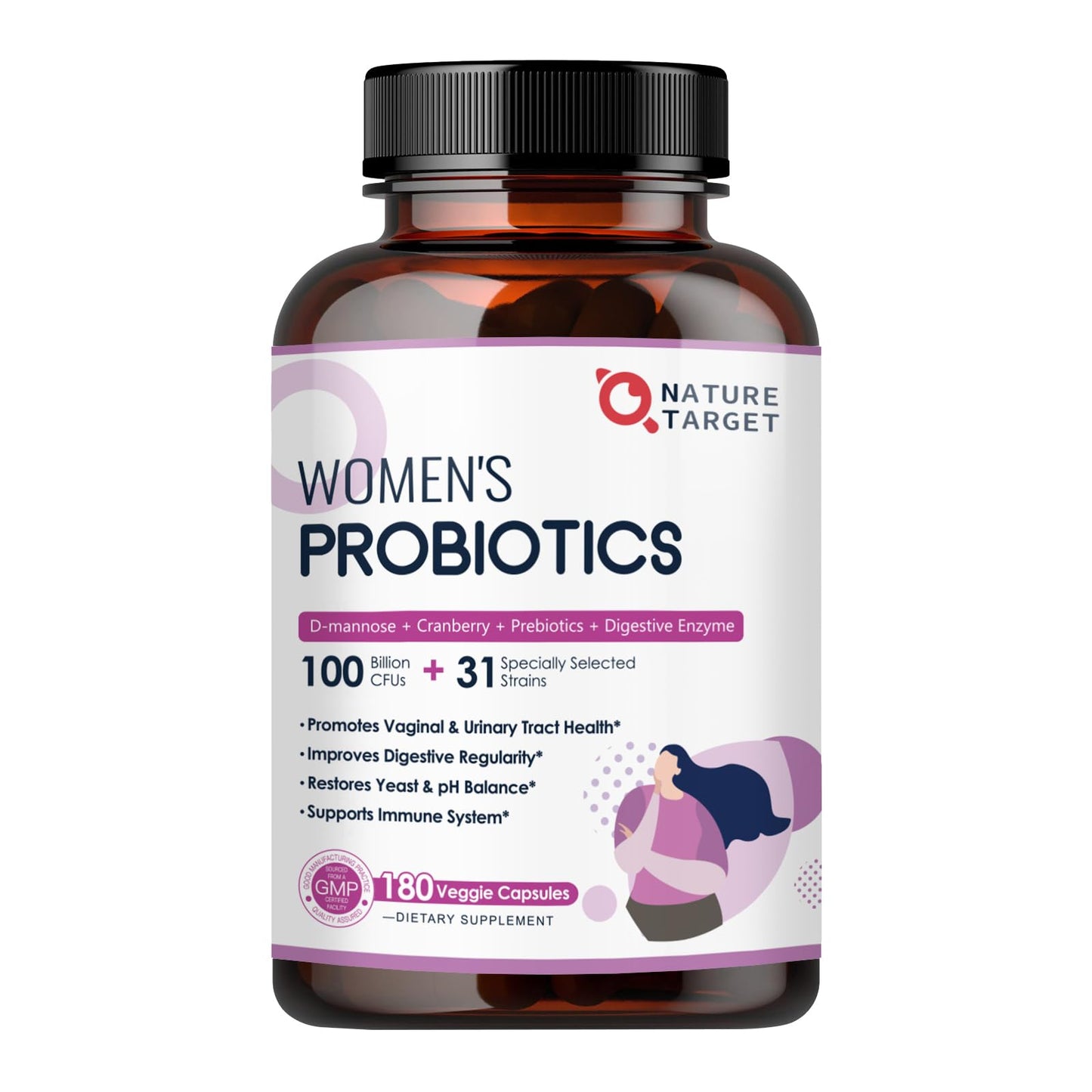 NATURE TARGET Probiotics for Women, 100 Billion CFUs Probiotic with Digestive Enzymes & Prebiotics, Vaginal Probiotics with Cranberry for Urinary Tract Health, - Maple Wellness Supplements