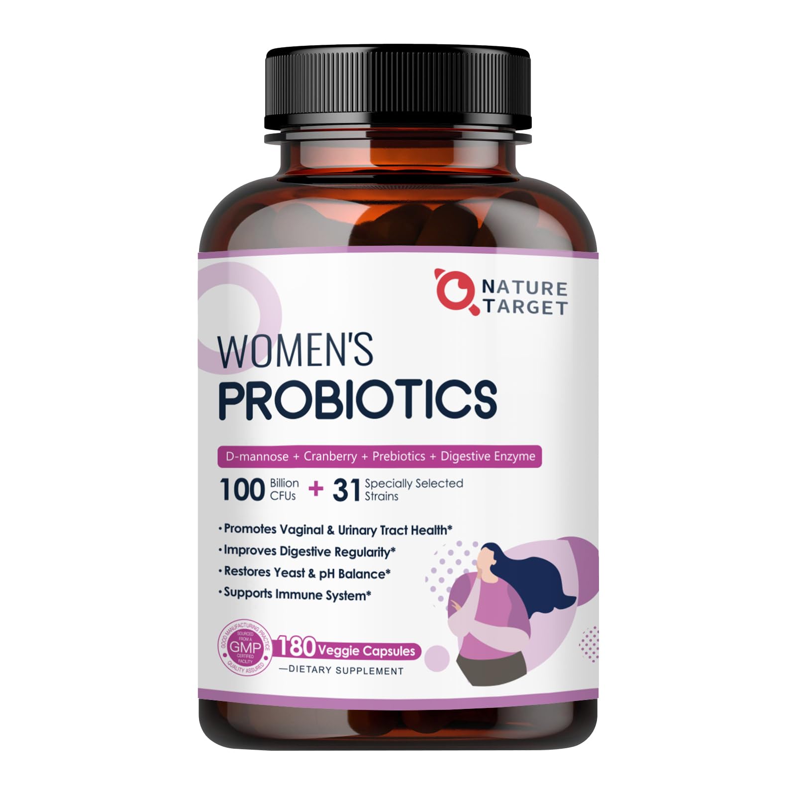 NATURE TARGET Probiotics for Women, 100 Billion CFUs Probiotic with Digestive Enzymes & Prebiotics, Vaginal Probiotics with Cranberry for Urinary Tract Health, - Maple Wellness Supplements