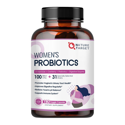 NATURE TARGET Probiotics for Women, 100 Billion CFUs Probiotic with Digestive Enzymes & Prebiotics, Vaginal Probiotics with Cranberry for Urinary Tract Health, - Maple Wellness Supplements