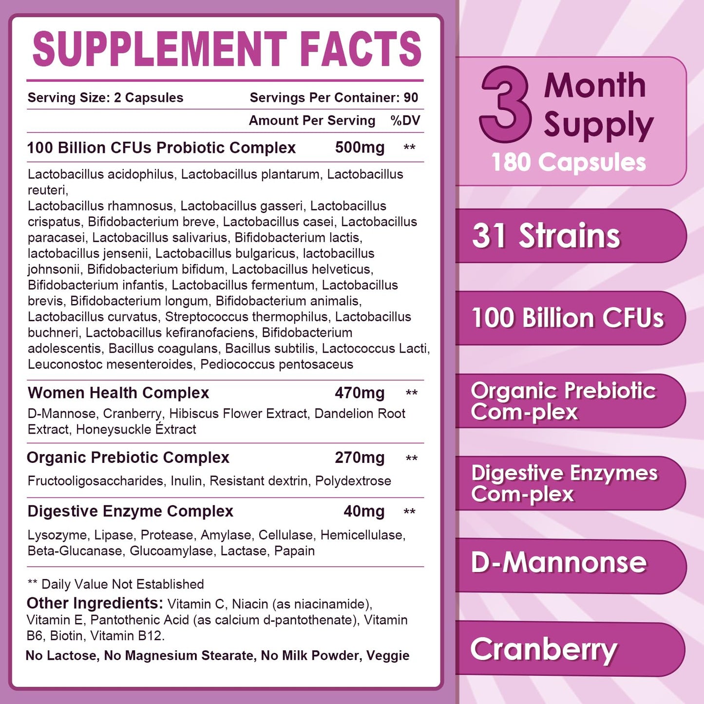 NATURE TARGET Probiotics for Women, 100 Billion CFUs Probiotic with Digestive Enzymes & Prebiotics, Vaginal Probiotics with Cranberry for Urinary Tract Health, - Maple Wellness Supplements