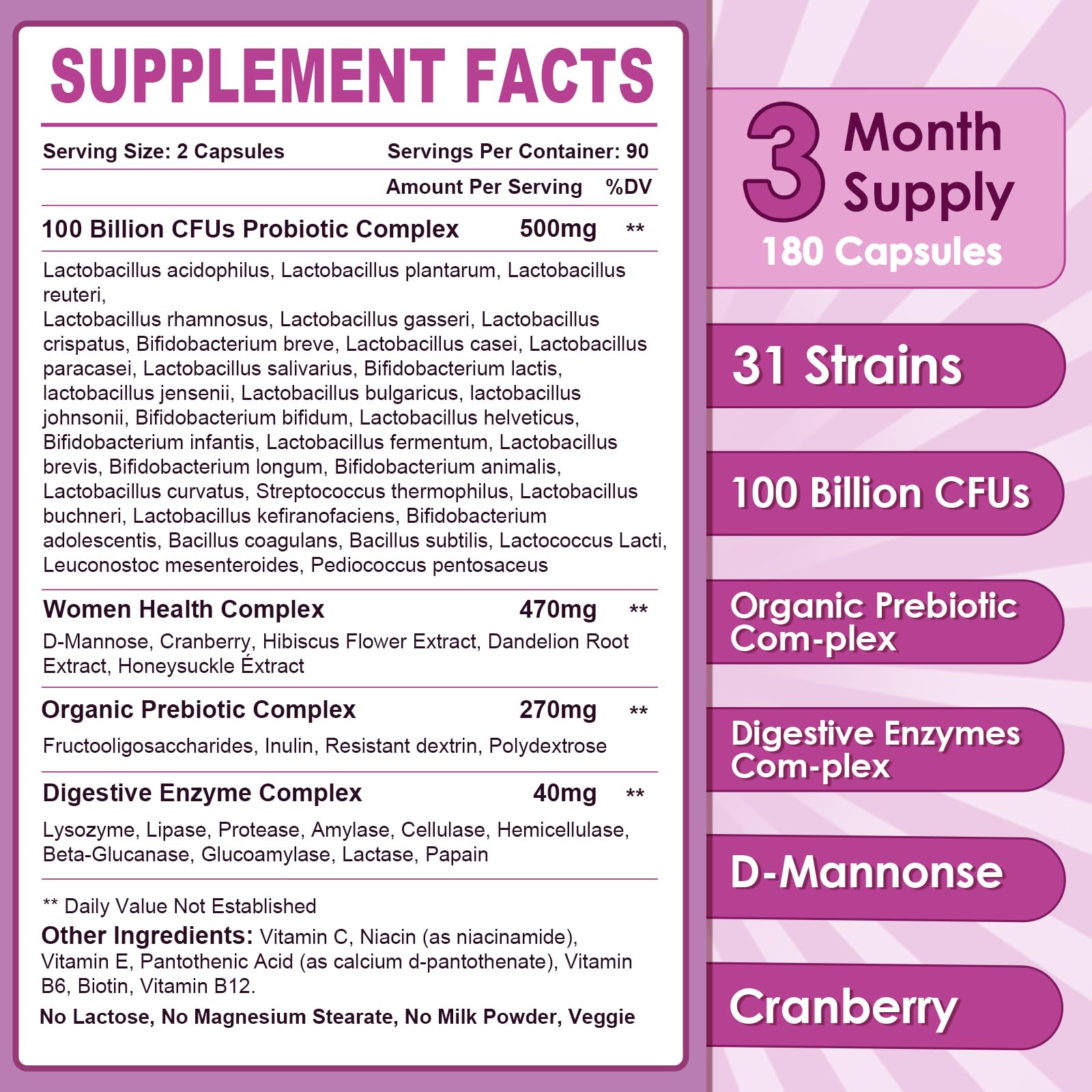 NATURE TARGET Probiotics for Women, 100 Billion CFUs Probiotic with Digestive Enzymes & Prebiotics, Vaginal Probiotics with Cranberry for Urinary Tract Health, - Maple Wellness Supplements