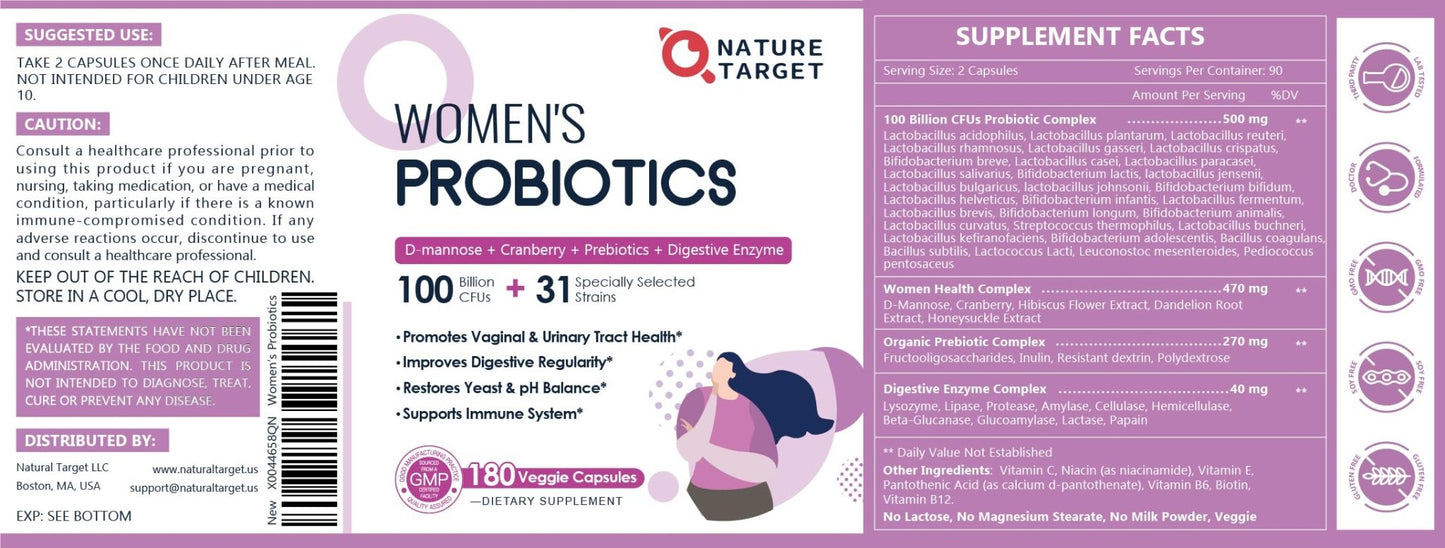 NATURE TARGET Probiotics for Women, 100 Billion CFUs Probiotic with Digestive Enzymes & Prebiotics, Vaginal Probiotics with Cranberry for Urinary Tract Health, - Maple Wellness Supplements