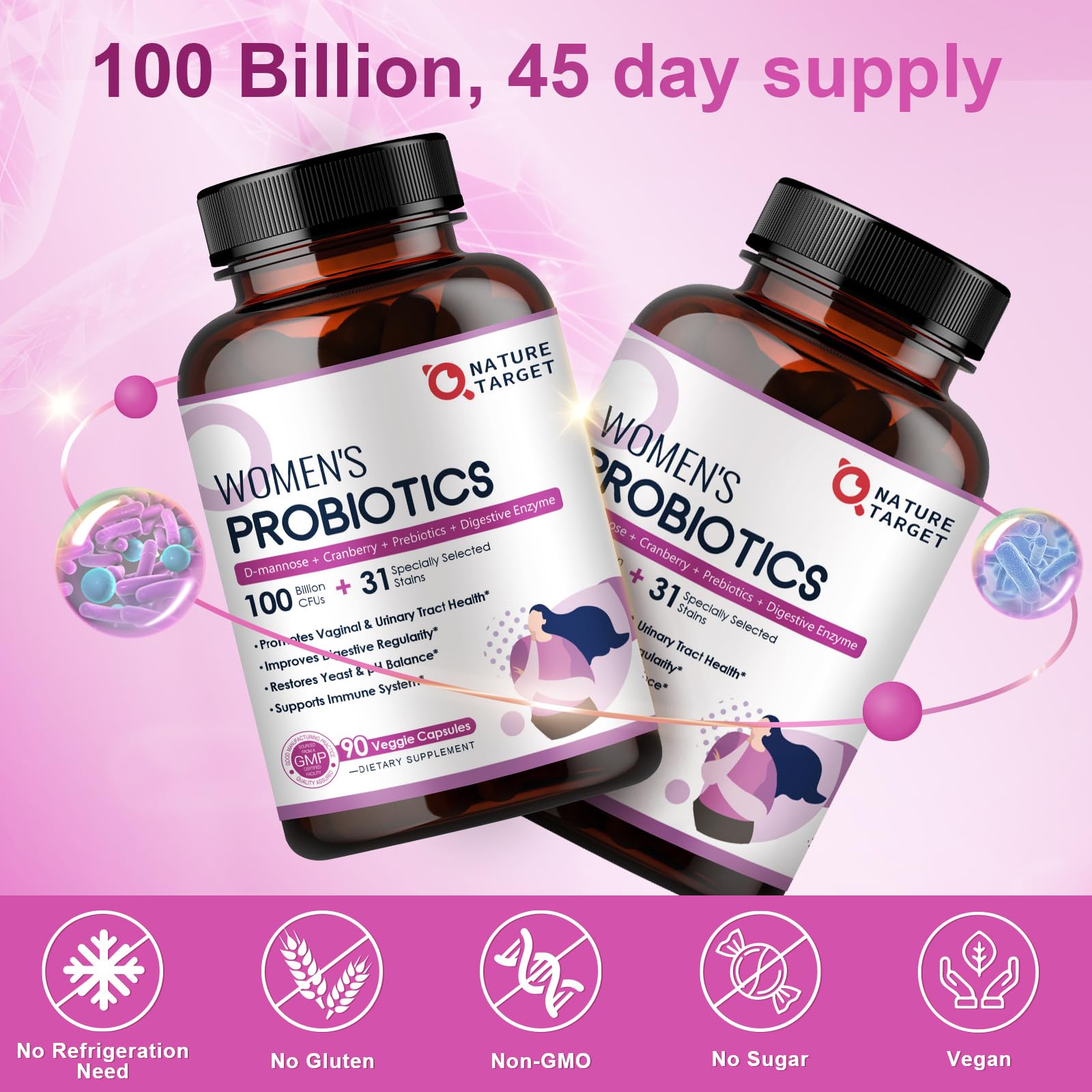 NATURE TARGET Probiotics for Women, 100 Billion CFUs Probiotic with Digestive Enzymes & Prebiotics, Vaginal Probiotics with Cranberry for Urinary Tract Health - Maple Wellness Supplements