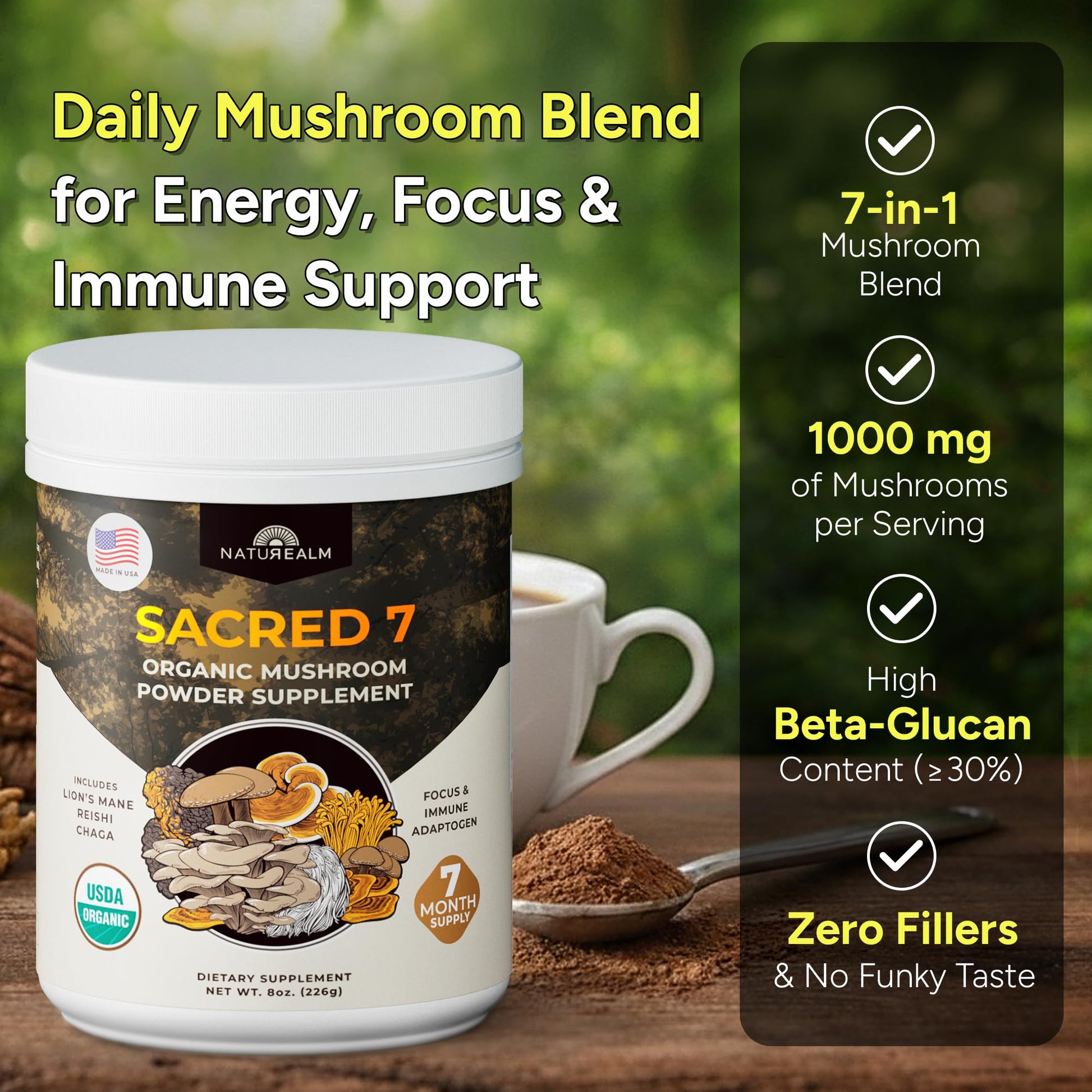 Naturealm Sacred 7 Organic Mushroom Powder Supplement | 7-Month Supply | 7-in-1 Blend with Lions Mane, Reishi, Chaga | Brain & Immune Support - Maple Wellness Supplements
