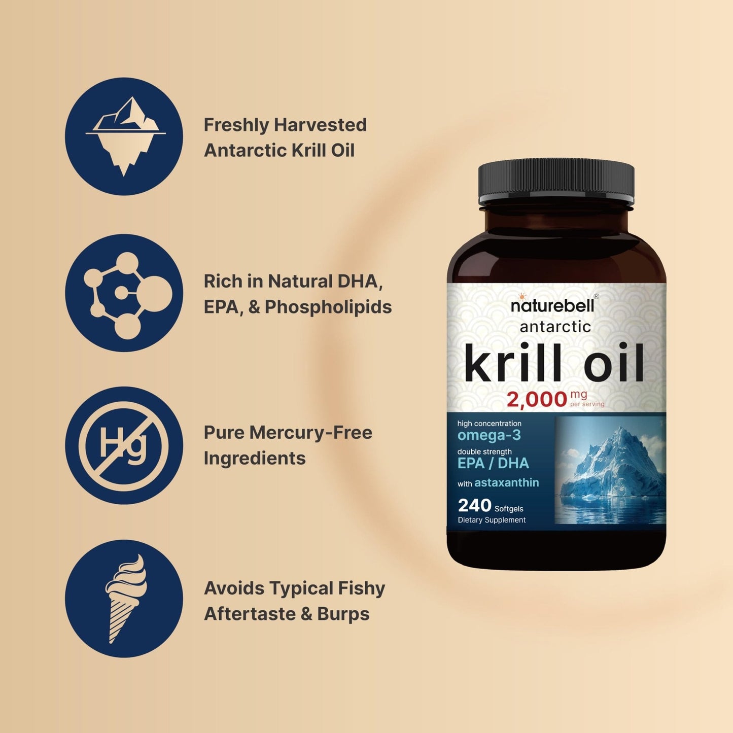 NatureBell Antarctic Krill Oil 2000mg Supplement, 240 Softgels, 3X Strength Natural Source of Omega-3s, EPA 240mg + DHA 160mg + Astaxanthin 800mcg - Maple Wellness Supplements