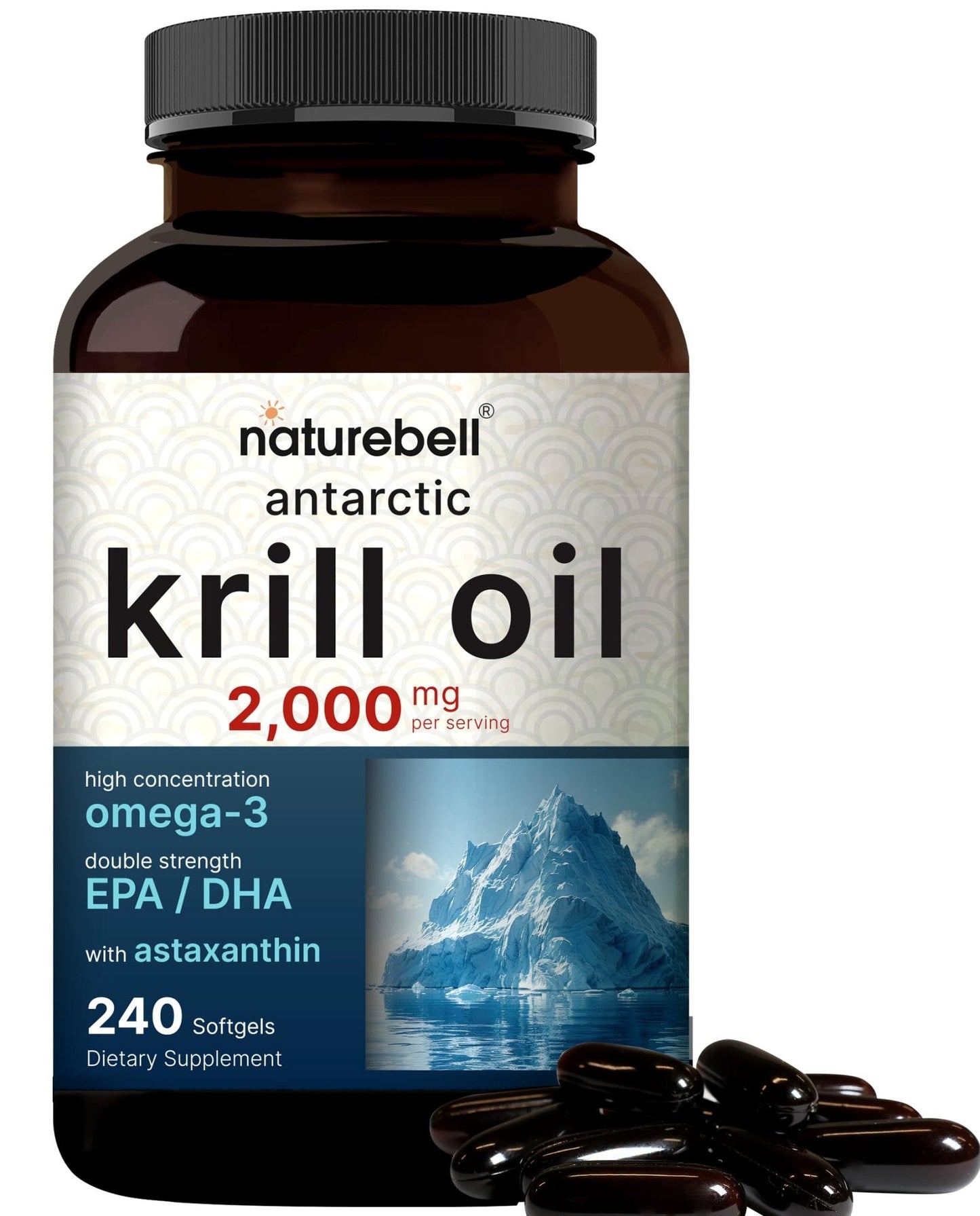 NatureBell Antarctic Krill Oil 2000mg Supplement, 240 Softgels, 3X Strength Natural Source of Omega-3s, EPA 240mg + DHA 160mg + Astaxanthin 800mcg - Maple Wellness Supplements