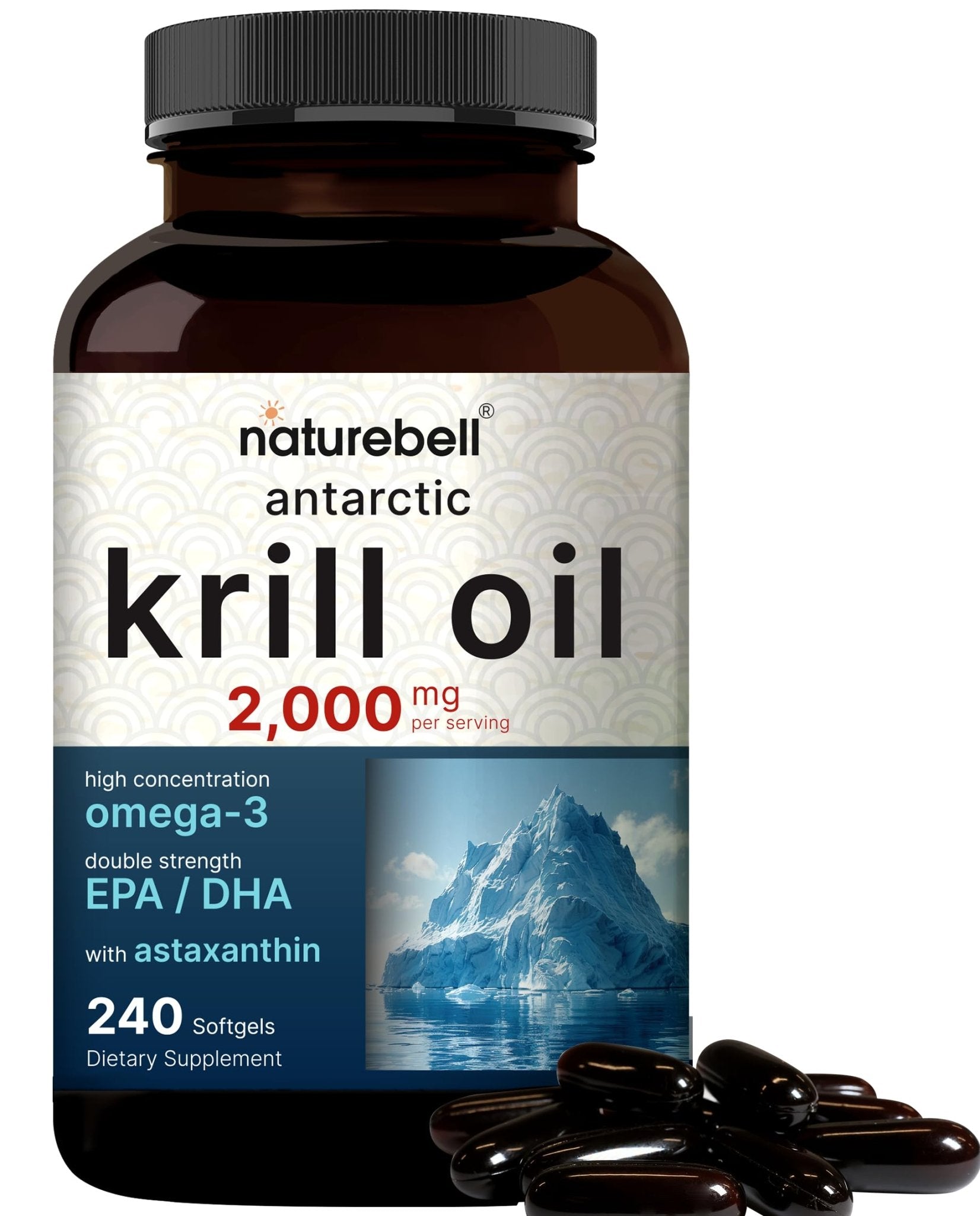 NatureBell Antarctic Krill Oil 2000mg Supplement, 240 Softgels, 3X Strength Natural Source of Omega-3s, EPA 240mg + DHA 160mg + Astaxanthin 800mcg - Maple Wellness Supplements
