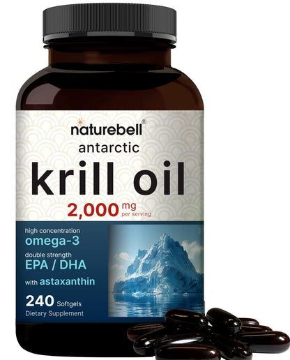 NatureBell Antarctic Krill Oil 2000mg Supplement, 240 Softgels, 3X Strength Natural Source of Omega-3s, EPA 240mg + DHA 160mg + Astaxanthin 800mcg - Maple Wellness Supplements
