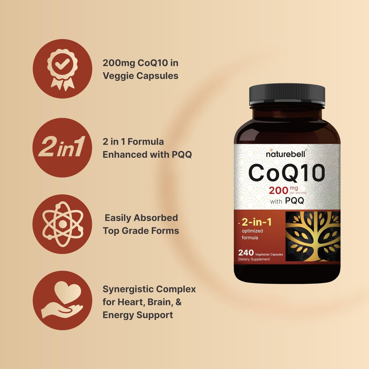 NatureBell CoQ10 200mg with PQQ, 240 Veggie Capsules | Stable High Absorption Form – Antioxidant Support for Heart, & Energy Health - Maple Wellness Supplements