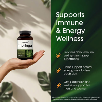NatureBell Moringa - 240 Capsules - Organic Moringa for Immune, Energy & Skin Health Support - Green Superfood Properties - Maple Wellness Supplements