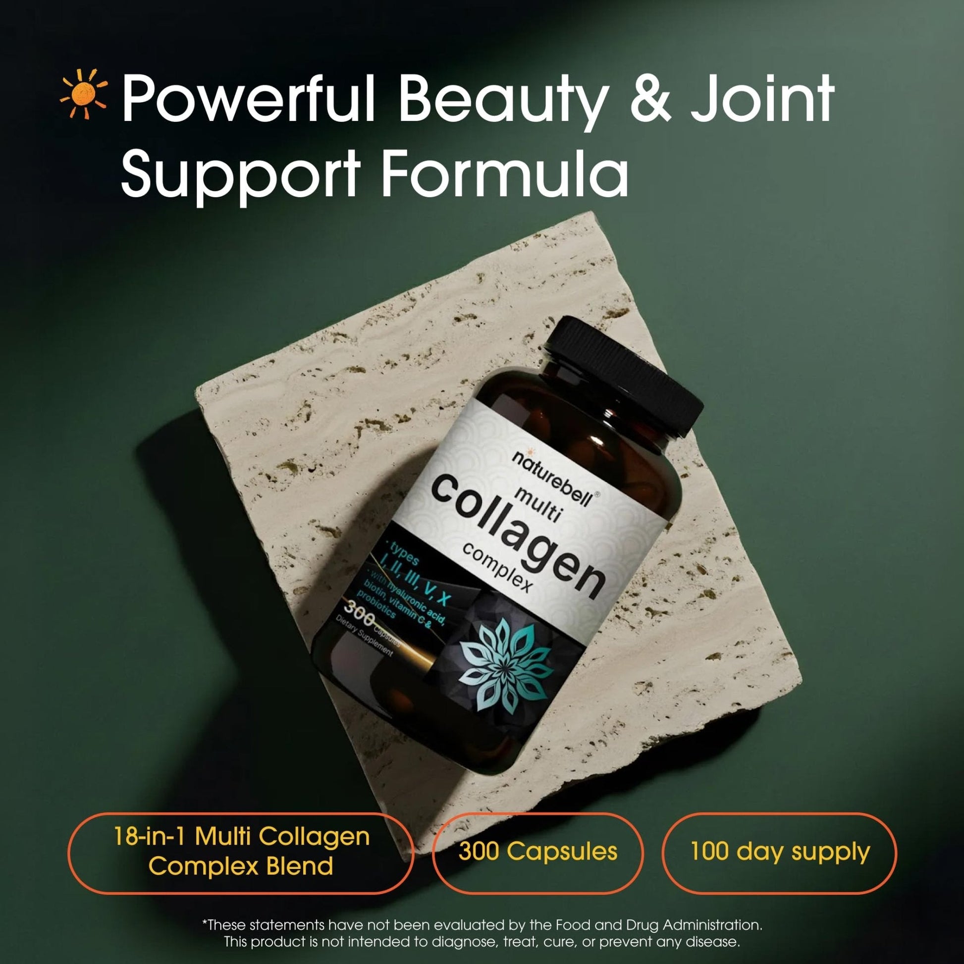 NatureBell Multi Collagen Complex - 300 Capsules - 5 Collagen Peptides (Type I, II, III, V, X), Hyaluronic Acid, Biotin & Probiotics - Maple Wellness Supplements