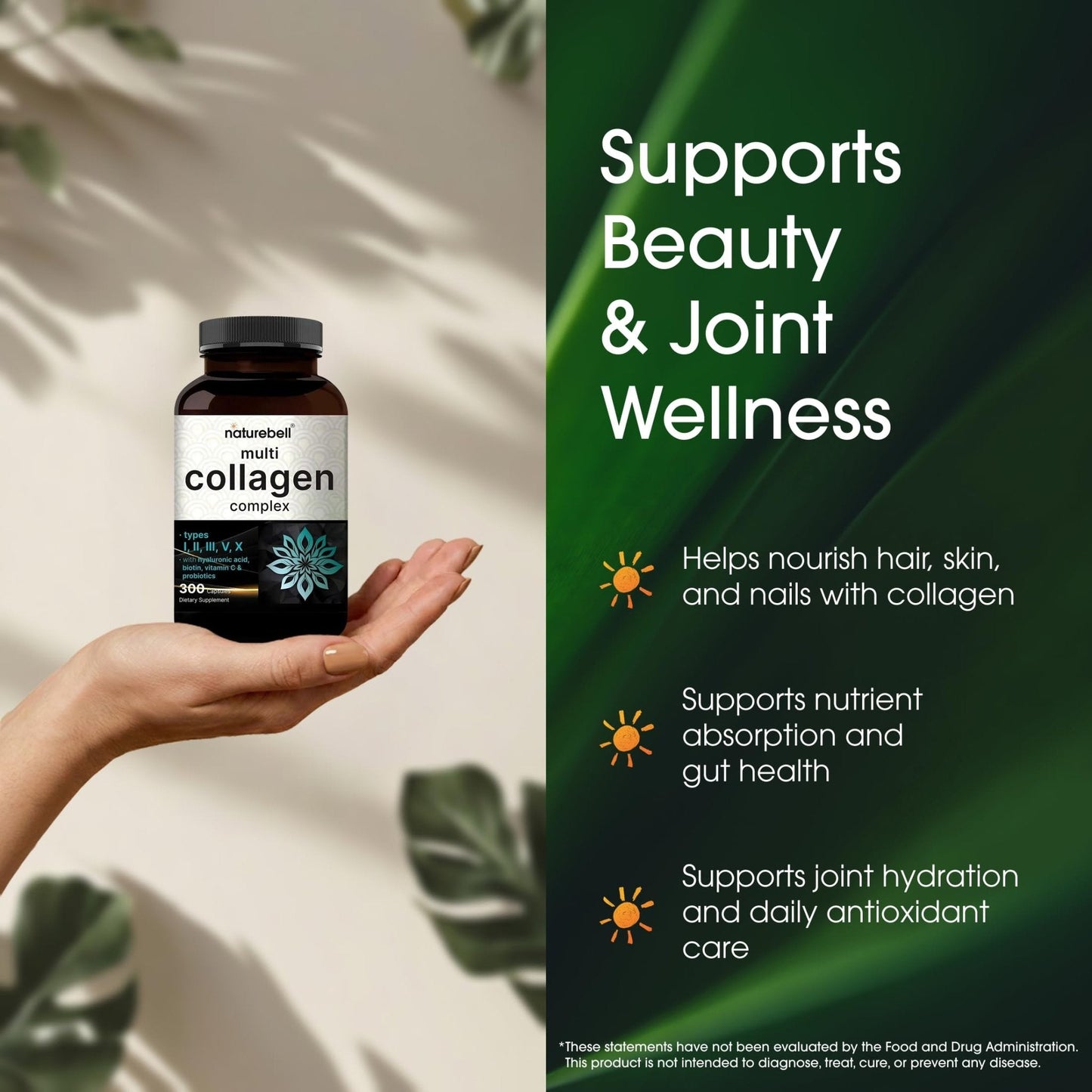 NatureBell Multi Collagen Complex - 300 Capsules - 5 Collagen Peptides (Type I, II, III, V, X), Hyaluronic Acid, Biotin & Probiotics - Maple Wellness Supplements