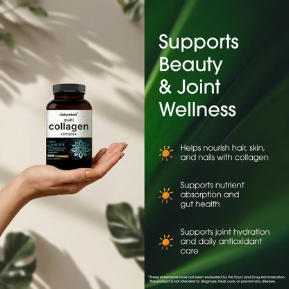 NatureBell Multi Collagen Complex - 300 Capsules - 5 Collagen Peptides (Type I, II, III, V, X), Hyaluronic Acid, Biotin & Probiotics - Maple Wellness Supplements