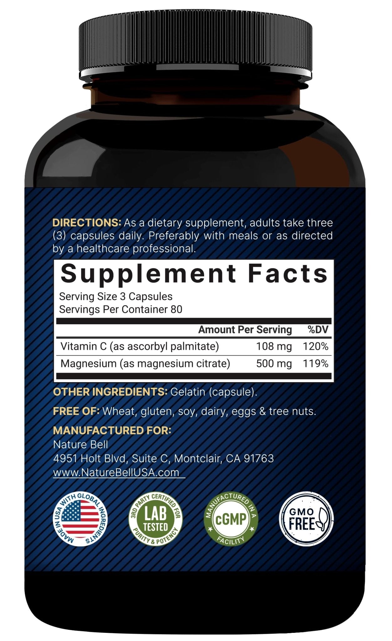 NatureBell Pure Magnesium Citrate 500mg per 3 Capsules Serving Size, 240 Capsules per Bottle - Maple Wellness Supplements