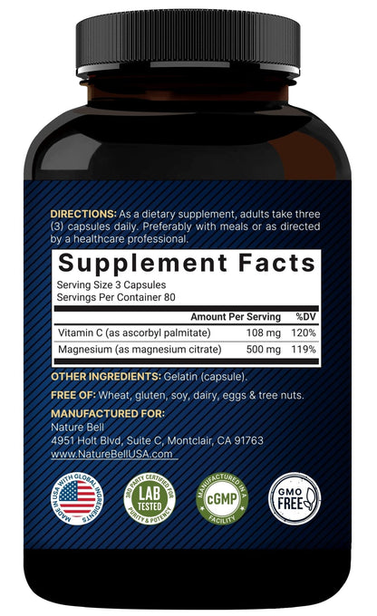 NatureBell Pure Magnesium Citrate 500mg per 3 Capsules Serving Size, 240 Capsules per Bottle - Maple Wellness Supplements