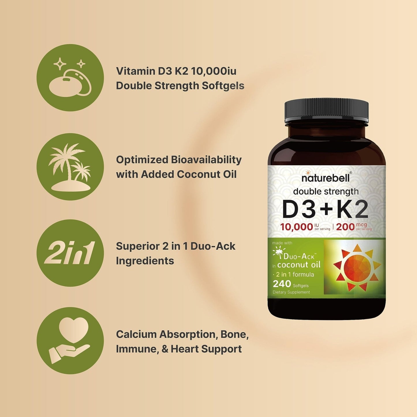 NatureBell Vitamin D3 K2 (10,000 IU Vitamin D + 200mcg Vitamin K MK-7) 240 Softgels - Maple Wellness Supplements