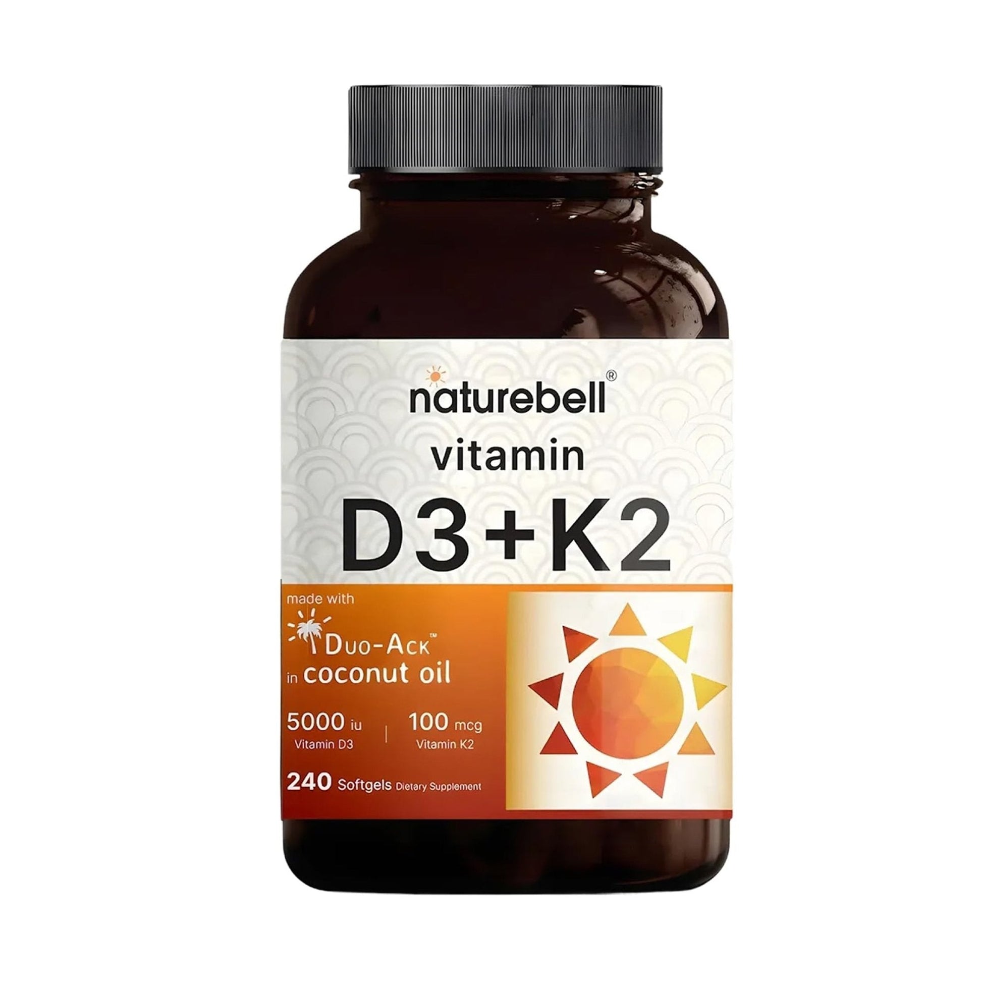 NatureBell Vitamin D3 K2-240 Softgels - 5,000 IU Vitamin D3 & 100mcg Vitamin K2 MK-7 - with Virgin Coconut Oil - Bone, Heart & Immune Health Support - Maple Wellness Supplements