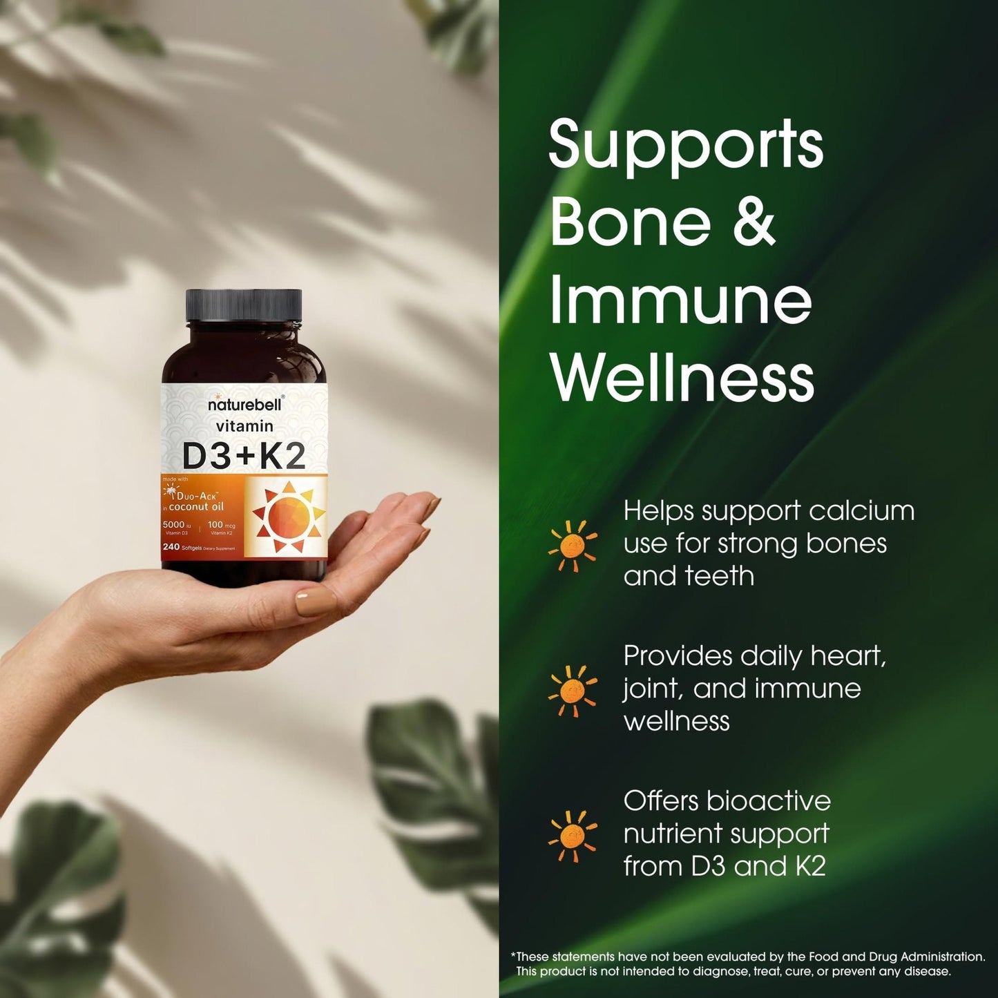 NatureBell Vitamin D3 K2-240 Softgels - 5,000 IU Vitamin D3 & 100mcg Vitamin K2 MK-7 - with Virgin Coconut Oil - Bone, Heart & Immune Health Support - Maple Wellness Supplements