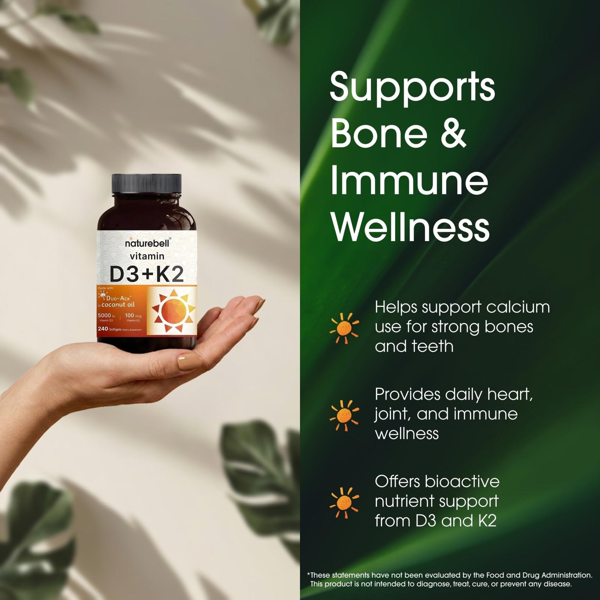 NatureBell Vitamin D3 K2-240 Softgels - 5,000 IU Vitamin D3 & 100mcg Vitamin K2 MK-7 - with Virgin Coconut Oil - Bone, Heart & Immune Health Support - Maple Wellness Supplements