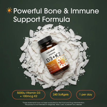NatureBell Vitamin D3 K2-240 Softgels - 5,000 IU Vitamin D3 & 100mcg Vitamin K2 MK-7 - with Virgin Coconut Oil - Bone, Heart & Immune Health Support - Maple Wellness Supplements