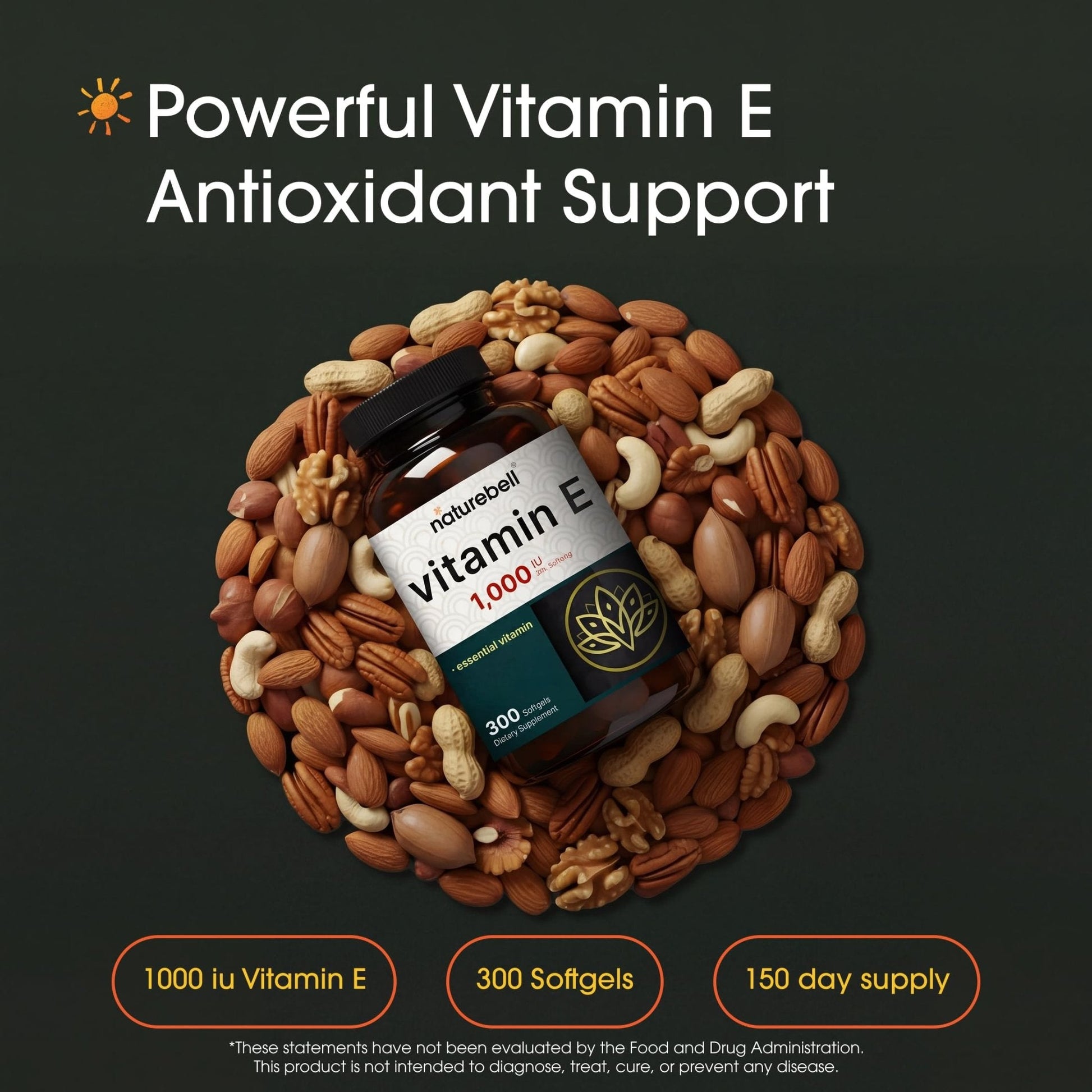 NatureBell Vitamin E 1,000 IU Per Serving - 300 Softgels - Antioxidant Supplement for Skin, Heart & Brain Health Support - Maple Wellness Supplements