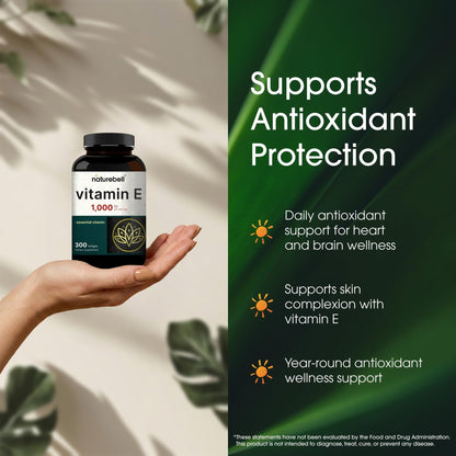 NatureBell Vitamin E 1,000 IU Per Serving - 300 Softgels - Antioxidant Supplement for Skin, Heart & Brain Health Support - Maple Wellness Supplements