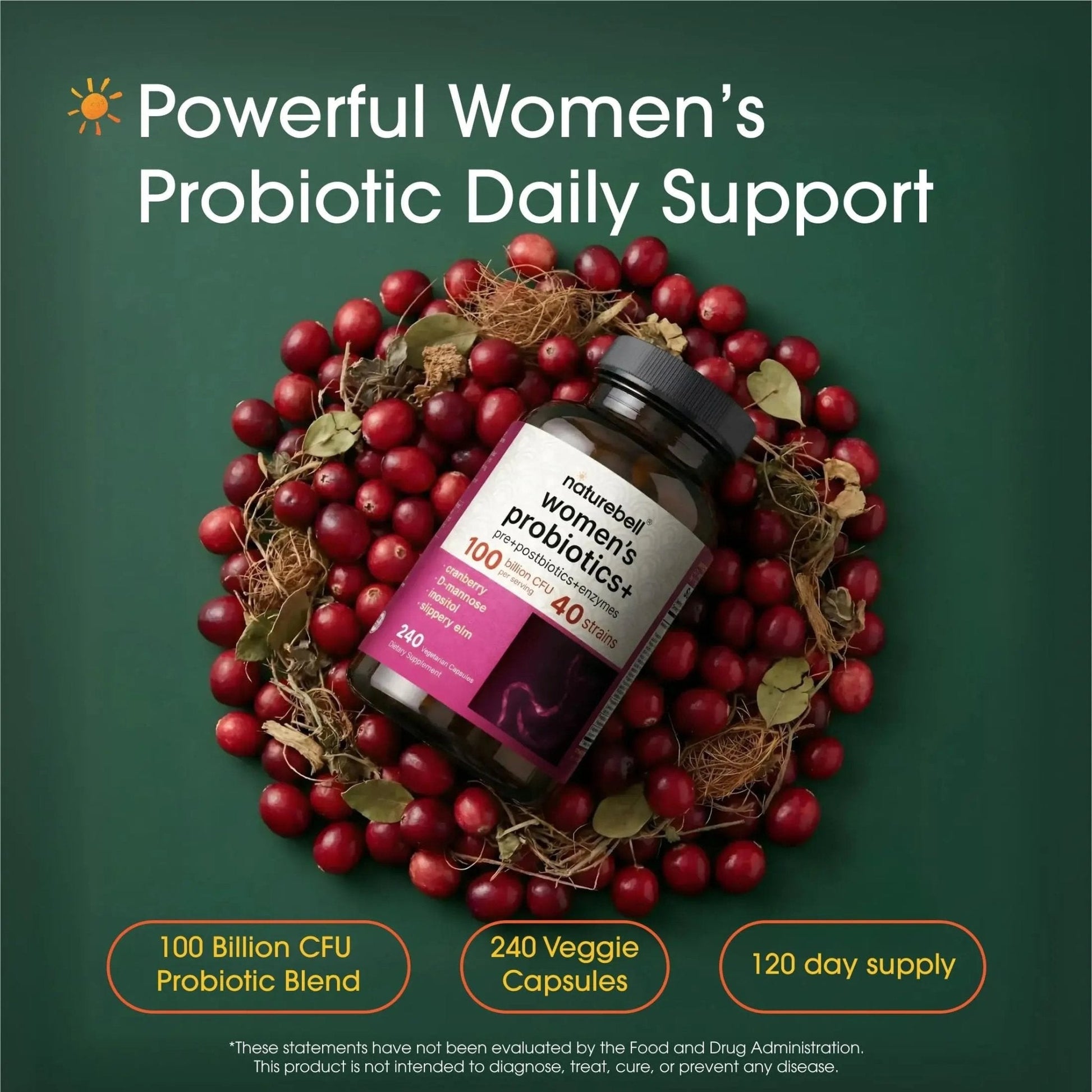 NatureBell Women's Probiotics+ - 240 Vegetarian Capsules - Prebiotic, Probiotic, Postbiotic & Digestive Enzymes - Made with Cranberry, D-Mannose, Inositol & More - Maple Wellness Supplements