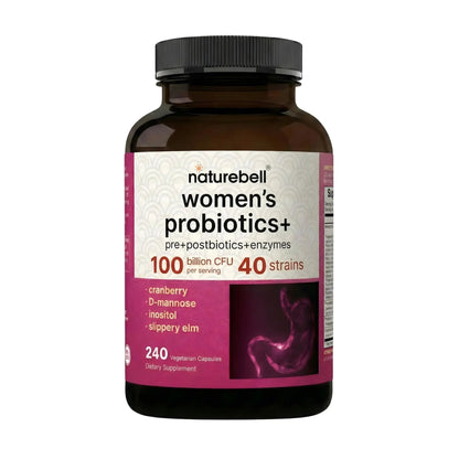 NatureBell Women's Probiotics+ - 240 Vegetarian Capsules - Prebiotic, Probiotic, Postbiotic & Digestive Enzymes - Made with Cranberry, D-Mannose, Inositol & More - Maple Wellness Supplements