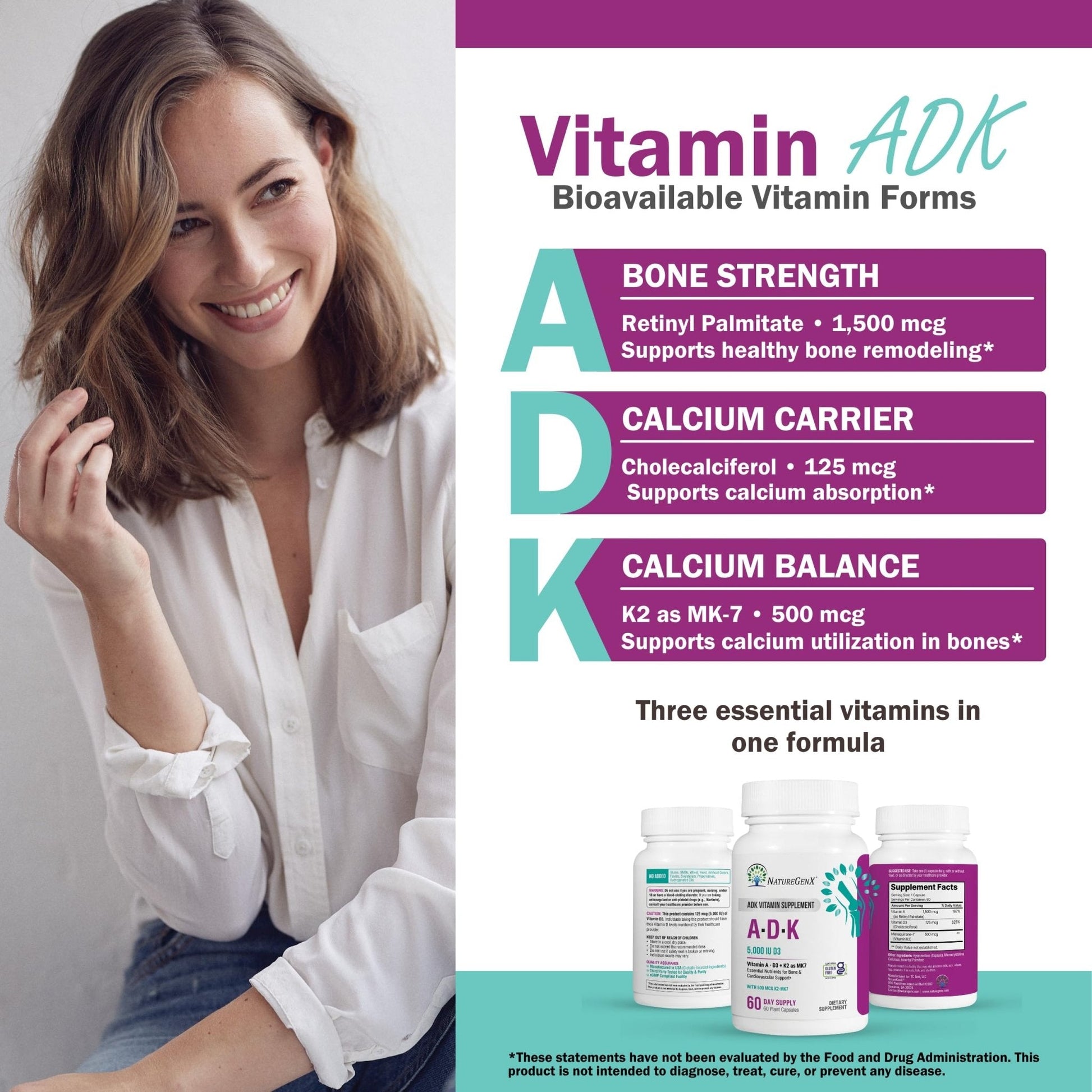 NatureGenX ADK Vitamin Supplement – Vitamins A, D3 & K2 MK-7 for Bone Health & Calcium Absorption – Gluten-Free, Non-GMO, Soy-Free - Maple Wellness Supplements