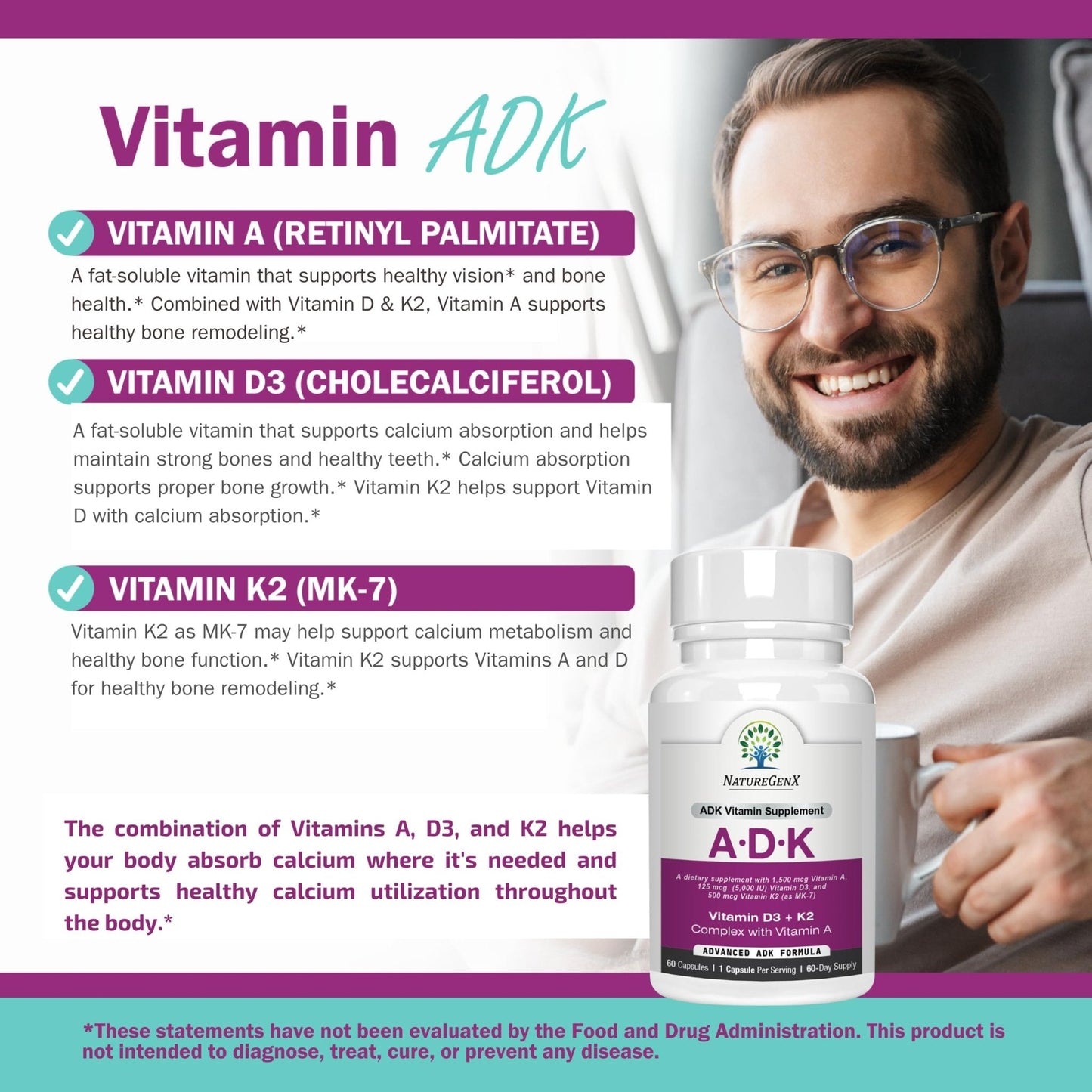 NatureGenX ADK Vitamin Supplement – Vitamins A, D3 & K2 MK-7 for Bone Health & Calcium Absorption – Gluten-Free, Non-GMO, Soy-Free - Maple Wellness Supplements