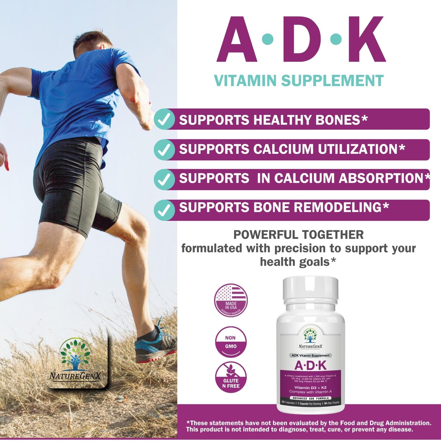 NatureGenX ADK Vitamin Supplement – Vitamins A, D3 & K2 MK-7 for Bone Health & Calcium Absorption – Gluten-Free, Non-GMO, Soy-Free - Maple Wellness Supplements