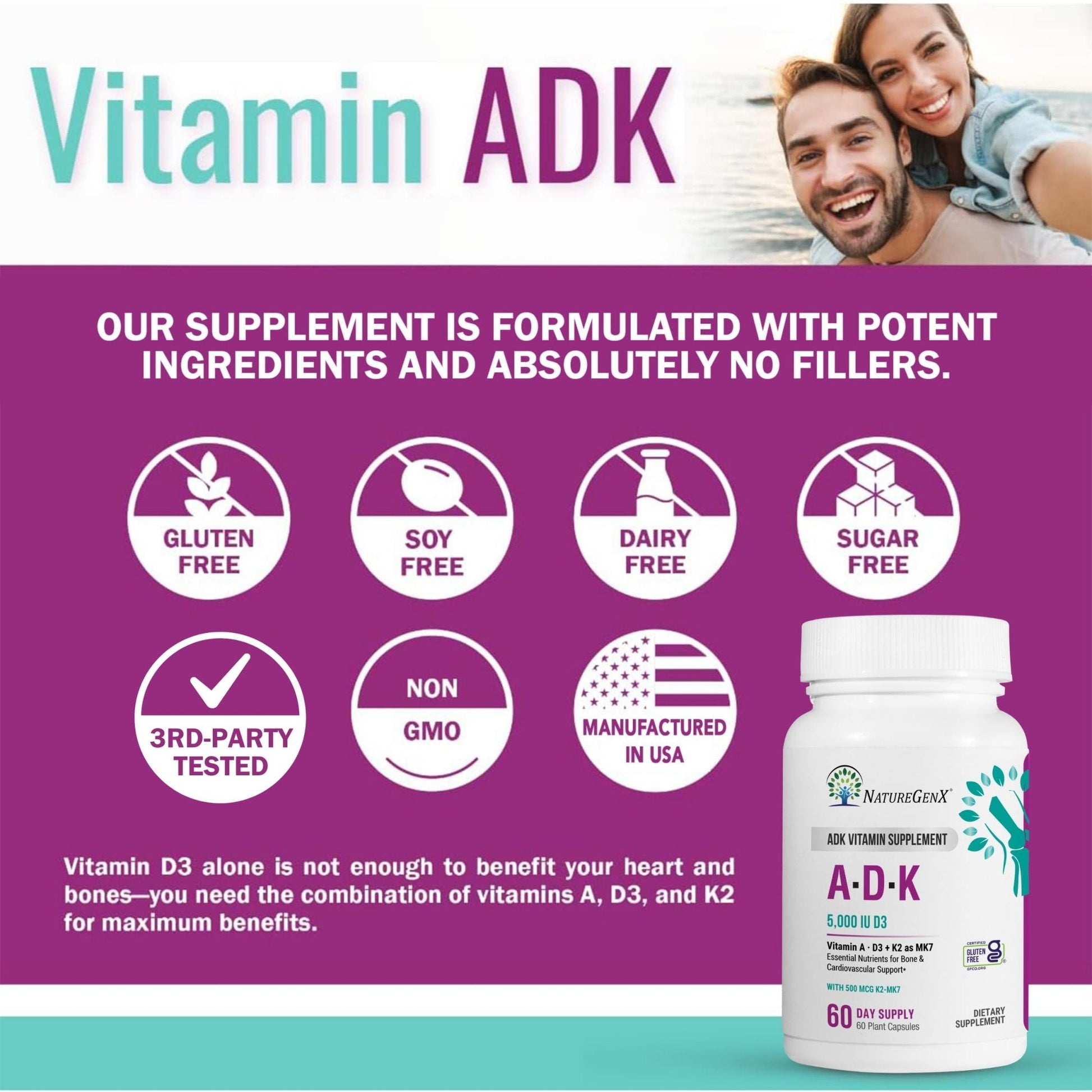 NatureGenX ADK Vitamin Supplement – Vitamins A, D3 & K2 MK-7 for Bone Health & Calcium Absorption – Gluten-Free, Non-GMO, Soy-Free - Maple Wellness Supplements