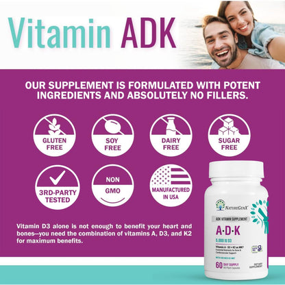 NatureGenX ADK Vitamin Supplement – Vitamins A, D3 & K2 MK-7 for Bone Health & Calcium Absorption – Gluten-Free, Non-GMO, Soy-Free - Maple Wellness Supplements