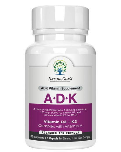NatureGenX ADK Vitamin Supplement – Vitamins A, D3 & K2 MK-7 for Bone Health & Calcium Absorption – Gluten-Free, Non-GMO, Soy-Free - Maple Wellness Supplements
