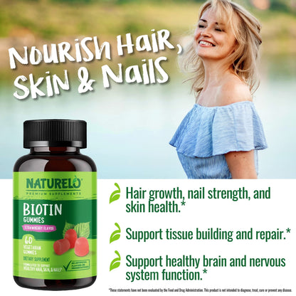 NATURELO Biotin Gummies - Supports Healthy Hair, Skin & Nails - High Potency 2500 mcg - Non GMO, Gluten Free - 60 Gummies - Maple Wellness Supplements