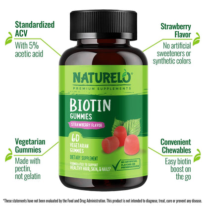 NATURELO Biotin Gummies - Supports Healthy Hair, Skin & Nails - High Potency 2500 mcg - Non GMO, Gluten Free - 60 Gummies - Maple Wellness Supplements