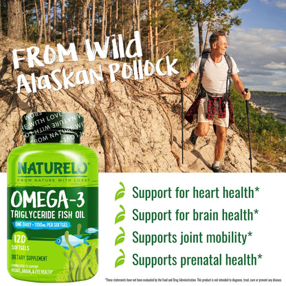 NATURELO Burpless Omega 3 Fish Oil Supplement - 1100mg Triglyceride Omega-3, EPA + DHA, Liquid Fish Oil for Heart, Eye, Brain, Joint Health - Maple Wellness Supplements
