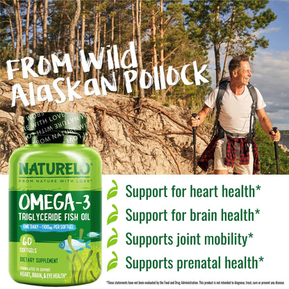 NATURELO Burpless Omega 3 Fish Oil Supplement - 1100mg Triglyceride Omega-3, EPA + DHA, Liquid Fish Oil for Heart, Eye, Brain, Joint Health - Maple Wellness Supplements