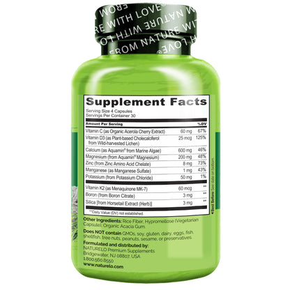 NATURELO Calcium Supplement - with Vitamin C, Vitamin D3, K2, and Calcium Magnesium Zinc for Bone Strength with Calcium 600mg - Plant-Based, 120 Vegetarian Capsules - Maple Wellness Supplements