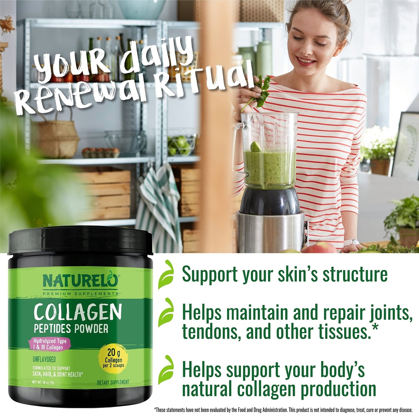 NATURELO Collagen Peptide Powder, Hydrolyzed Collagen Type I & III, Skin Hair & Joint Health - Unflavored, 16 Ounces | 45 Servings - Maple Wellness Supplements