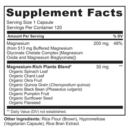 NATURELO Magnesium Glycinate Chelate Complex - 200 mg Magnesium with Organic Vegetables to Support Sleep, Calm, Muscle Cramp & Stress Relief - Gluten Free, Non GMO - 120 Capsules - Maple Wellness Supplements