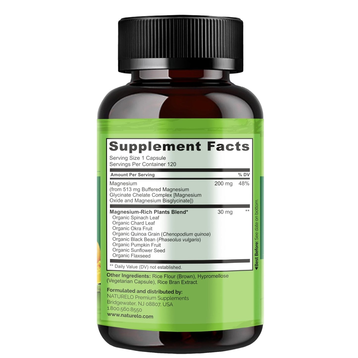 NATURELO Magnesium Glycinate Chelate Complex - 200 mg Magnesium with Organic Vegetables to Support Sleep, Calm, Muscle Cramp & Stress Relief - Gluten Free, Non GMO - 120 Capsules - Maple Wellness Supplements