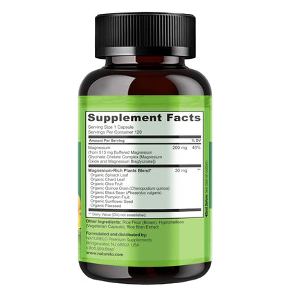 NATURELO Magnesium Glycinate Chelate Complex - 200 mg Magnesium with Organic Vegetables to Support Sleep, Calm, Muscle Cramp & Stress Relief - Gluten Free, Non GMO - 120 Capsules - Maple Wellness Supplements