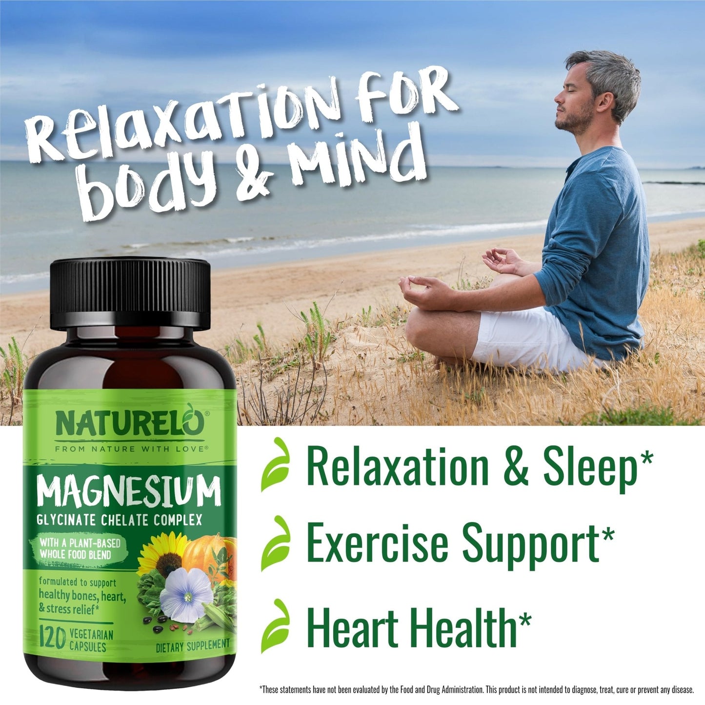 NATURELO Magnesium Glycinate Chelate Complex - 200 mg Magnesium with Organic Vegetables to Support Sleep, Calm, Muscle Cramp & Stress Relief - Gluten Free, Non GMO - 120 Capsules - Maple Wellness Supplements