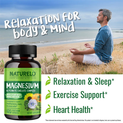 NATURELO Magnesium Glycinate Chelate Complex - 200 mg Magnesium with Organic Vegetables to Support Sleep, Calm, Muscle Cramp & Stress Relief - Gluten Free, Non GMO - 120 Capsules - Maple Wellness Supplements