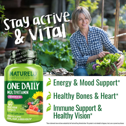 NATURELO One Daily Multivitamin for Women 50+ (Iron Free) - Menopause Support for Women Over 50 - Whole Food Supplement - Non-GMO - No Soy - 60 Capsules - 2 Month Supply - Maple Wellness Supplements