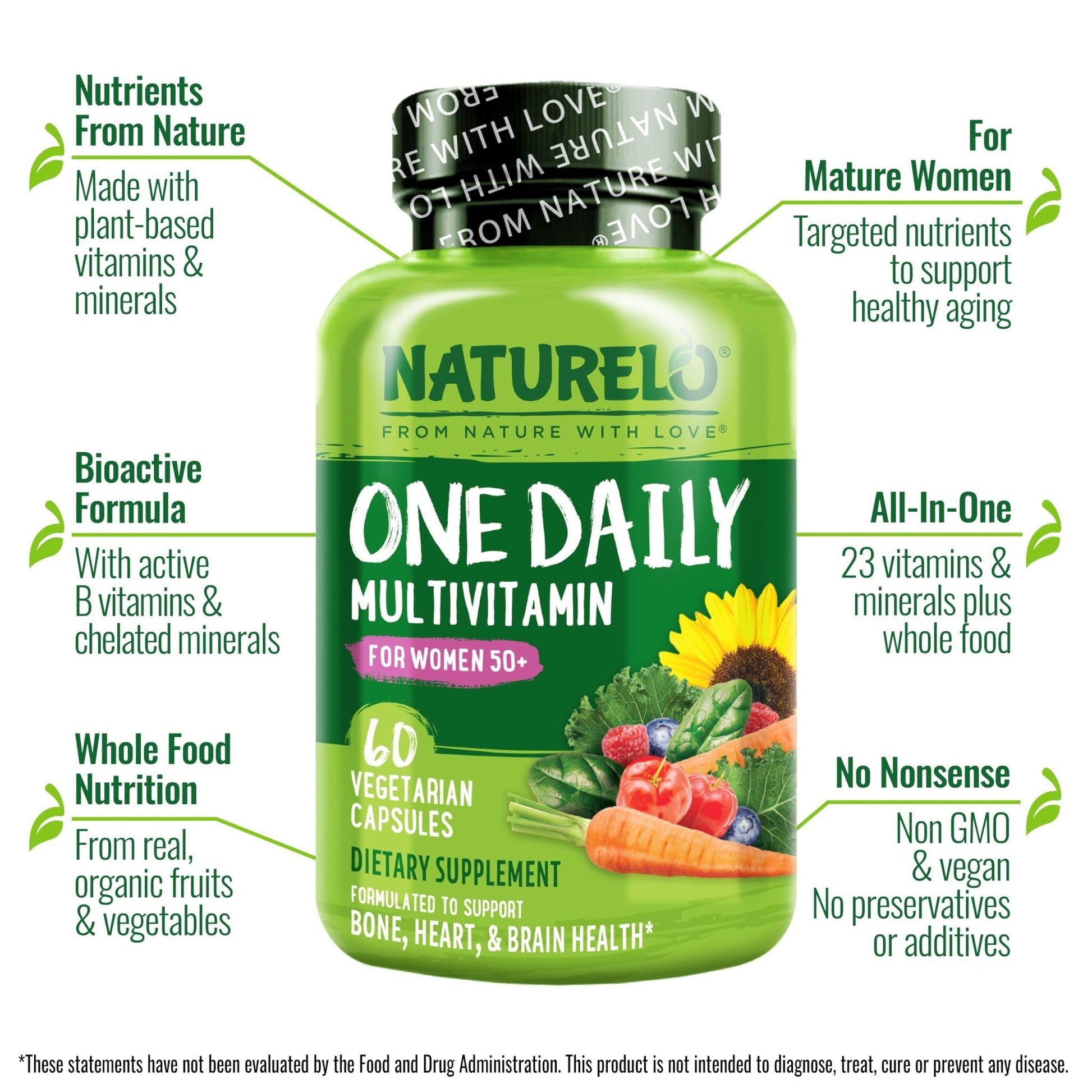 NATURELO One Daily Multivitamin for Women 50+ (Iron Free) - Menopause Support for Women Over 50 - Whole Food Supplement - Non-GMO - No Soy - 60 Capsules - 2 Month Supply - Maple Wellness Supplements