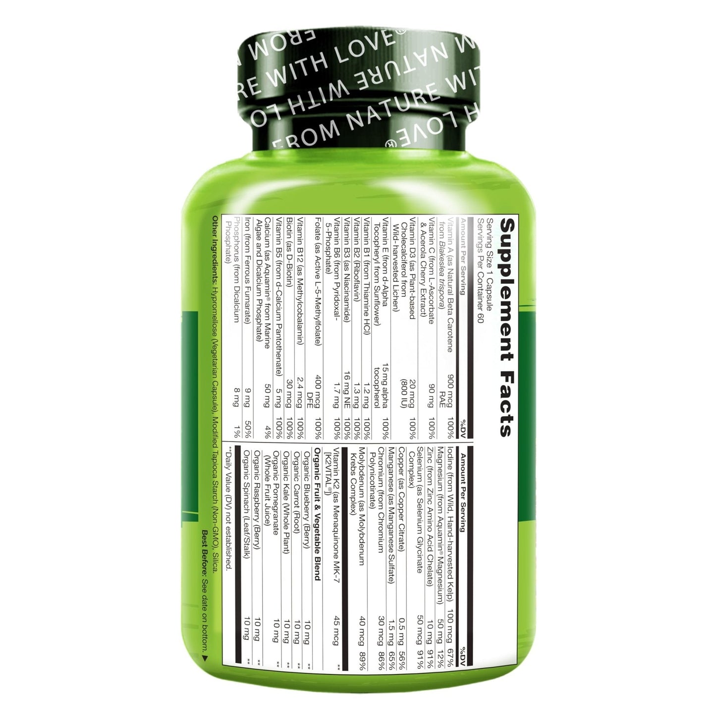 NATURELO One Daily Multivitamin for Women w/Vitamin B12, 60 Ct, Energy Support, Whole Food Daily Women Multivitamin Supplement, Nourish Hair/Skin/Nail, Non-GMO, No Soy, Gluten Free, 2 Month Supply - Maple Wellness Supplements